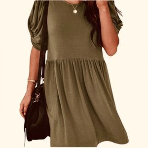 Yibock Twist Knot Puff Sleeve Dress - Olive Green - Size S